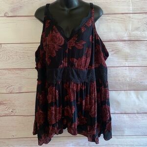 Torrid Womens 6X Black Red Floral Babydoll Dress Tunic Lace Trim Flowy